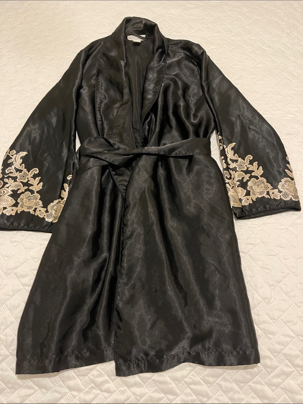 Morgan Taylor Black Satin Robe with Gold Floral Embroidery